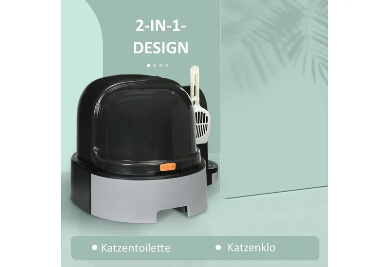 Katzenklo, Katzentoilette 52 x 60 x 42 cm mit Deckel, ausziehbares Tablett, Schloss, Schaufel, Grau de PawHut – photo produit 4 sur 5