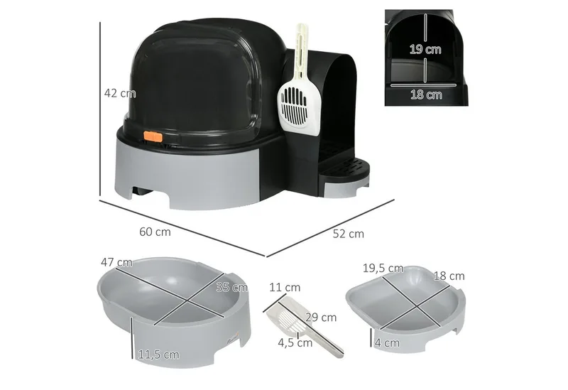 Katzenklo, Katzentoilette 52 x 60 x 42 cm mit Deckel, ausziehbares Tablett, Schloss, Schaufel, Grau de PawHut – photo produit 3 sur 5