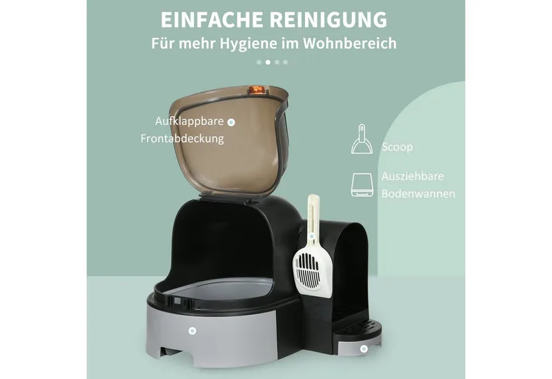 Katzenklo, Katzentoilette 52 x 60 x 42 cm mit Deckel, ausziehbares Tablett, Schloss, Schaufel, Grau de PawHut – photo produit 5 sur 5