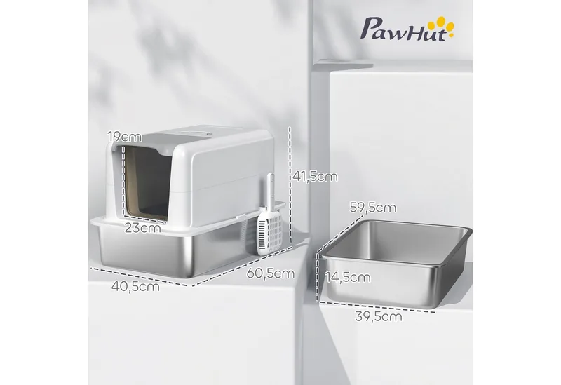 Katzenklo, Katzentoilette mit Deckel, Wanne aus Edelstahl, eingebauter Streufilter, inklusive Streuschaufel, für Katzen bis 6 kg, Weiß by PawHut – product photo 3 of 5