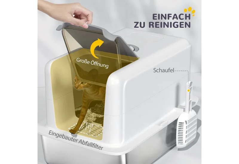 Katzenklo, Katzentoilette mit Deckel, Wanne aus Edelstahl, eingebauter Streufilter, inklusive Streuschaufel, für Katzen bis 6 kg, Weiß by PawHut – product photo 5 of 5