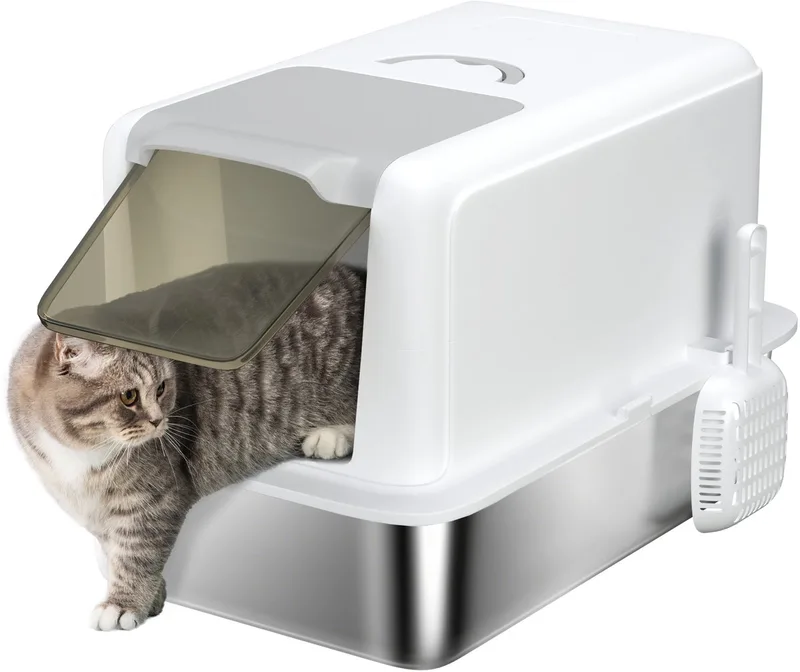 Katzenklo, Katzentoilette mit Deckel, Wanne aus Edelstahl, eingebauter Streufilter, inklusive Streuschaufel, für Katzen bis 6 kg, Weiß by PawHut – product photo 1 of 5