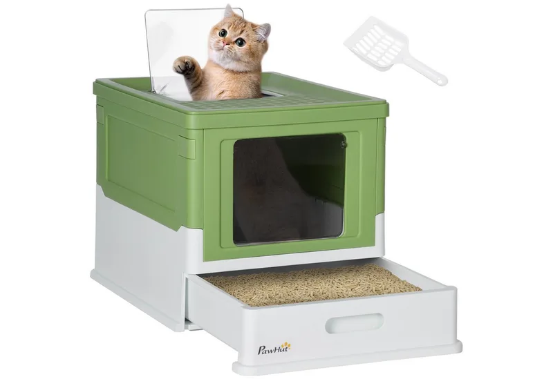 Katzenklo mit Deckel Katzentoilette mit Haube Schaufel ausziehbares Tablett Katzentoilette für Katzen bis 5 kg 47,5 x 35,5 x 36,7 cm Weiß+Grün by PawHut – product photo 2 of 5