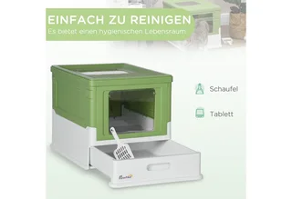 Katzenklo mit Deckel Katzentoilette mit Haube Schaufel ausziehbares Tablett Katzentoilette für Katzen bis 5 kg 47,5 x 35,5 x 36,7 cm Weiß+Grün by PawHut – product photo 4 of 5