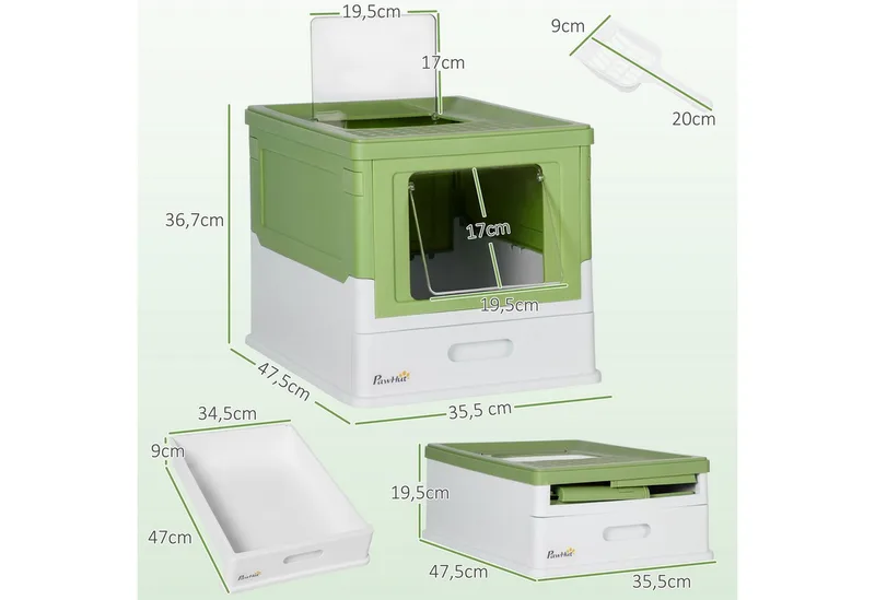 Katzenklo mit Deckel Katzentoilette mit Haube Schaufel ausziehbares Tablett Katzentoilette für Katzen bis 5 kg 47,5 x 35,5 x 36,7 cm Weiß+Grün by PawHut – product photo 3 of 5