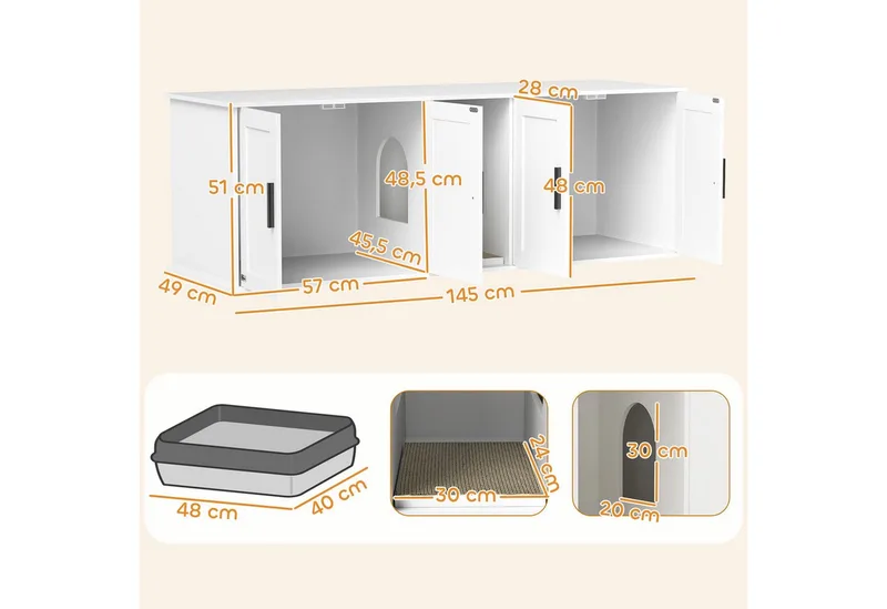 Katzenklo-Schrank Katzenhaus mit Tür Trennwand Katzentoilette Katzenschrank für große Katzen Beistelltisch Katzenhöhle 145 x 49 x 51 cm by PawHut in White – product photo 3 of 5