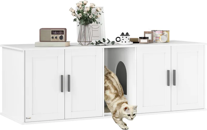 Katzenklo-Schrank Katzenhaus mit Tür Trennwand Katzentoilette Katzenschrank für große Katzen Beistelltisch Katzenhöhle 145 x 49 x 51 cm by PawHut in White – product photo 1 of 5
