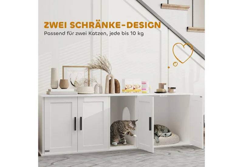 Katzenklo-Schrank Katzenhaus mit Tür Trennwand Katzentoilette Katzenschrank für große Katzen Beistelltisch Katzenhöhle 145 x 49 x 51 cm by PawHut in White – product photo 5 of 5