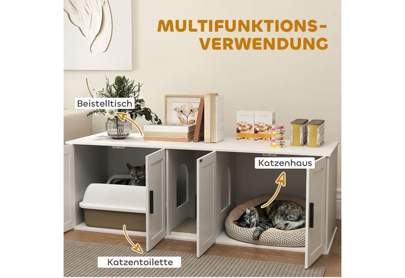 Katzenklo-Schrank Katzenhaus mit Tür Trennwand Katzentoilette Katzenschrank für große Katzen Beistelltisch Katzenhöhle 145 x 49 x 51 cm by PawHut in White – product photo 4 of 5