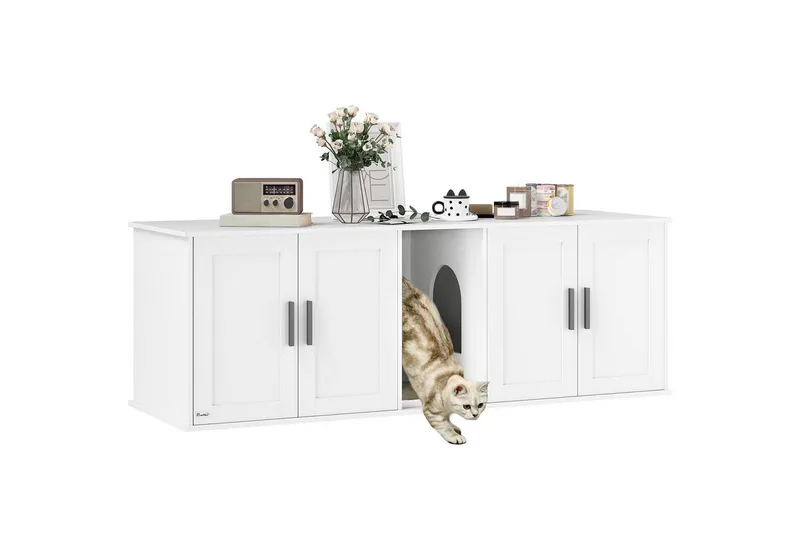 Katzenklo-Schrank Katzenhaus mit Tür Trennwand Katzentoilette Katzenschrank für große Katzen Beistelltisch Katzenhöhle 145 x 49 x 51 cm by PawHut in White – product photo 2 of 5