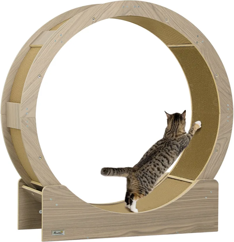 Katzenlaufrad Laufrad für Katzen 91 cm mit Bremse, Kratzbrett, Katzenrad für gesunde Bewegung, Entspannung de PawHut en Walnuss – photo produit 1 sur 5