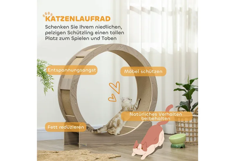Katzenlaufrad Laufrad für Katzen 91 cm mit Bremse, Kratzbrett, Katzenrad für gesunde Bewegung, Entspannung de PawHut en Walnuss – photo produit 4 sur 5