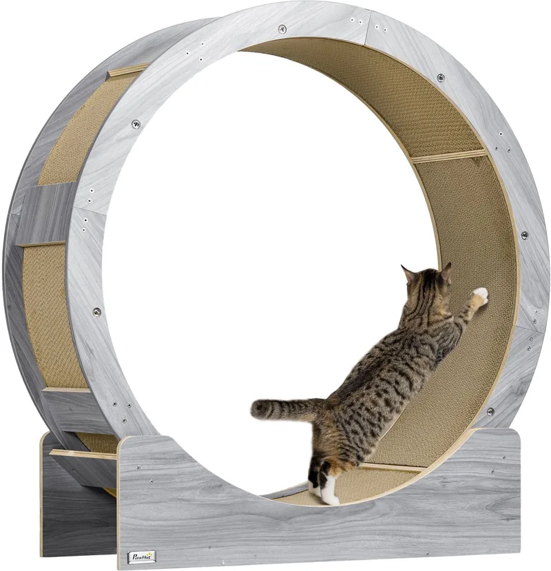 Katzenlaufrad Laufrad für Katzen 91 cm mit Bremse, Kratzbrett, Katzenrad für gesunde Bewegung, Entspannung de PawHut en Gris – photo produit
