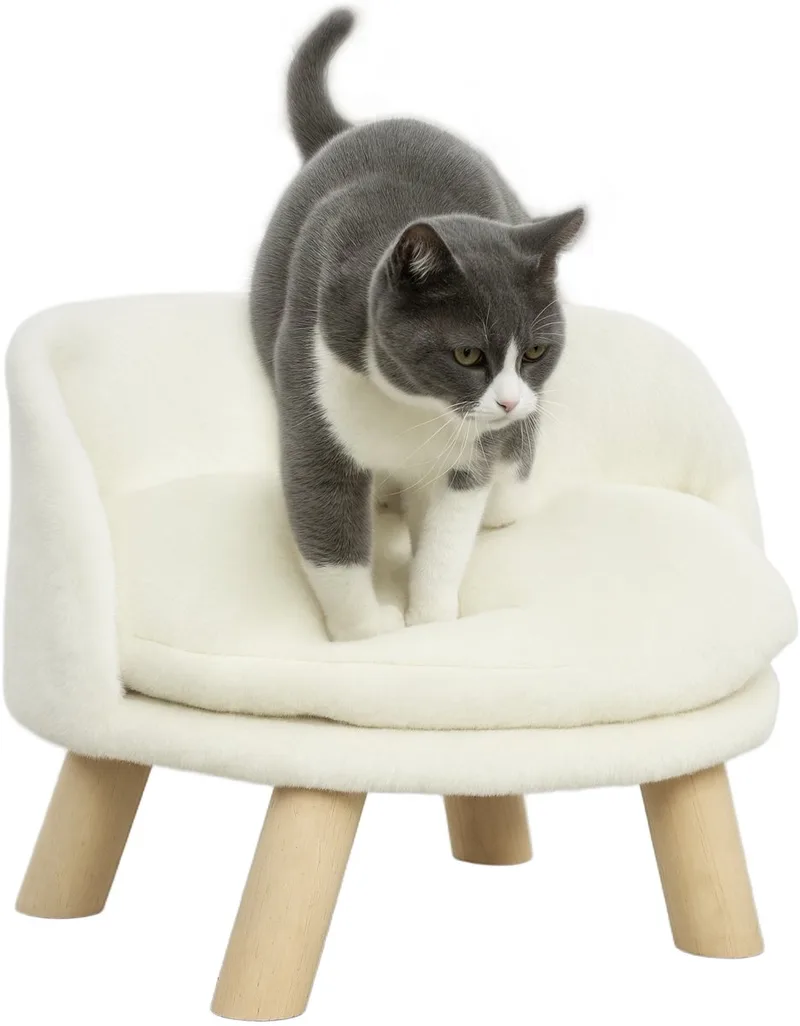 Katzensofa, Haustiersofa mit Kissen, Katzenbett, katzensessel Katzenhocker erhöhtes Haustierbett mit rutschfesten Holzfüße, Hundesofa, Indoor, 40,5 x 40,5 x 33 cm by PawHut in Cremeweiß – product photo 1 of 5