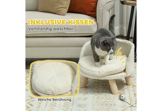 Katzensofa, Haustiersofa mit Kissen, Katzenbett, katzensessel Katzenhocker erhöhtes Haustierbett mit rutschfesten Holzfüße, Hundesofa, Indoor, 40,5 x 40,5 x 33 cm by PawHut in Cremeweiß – product photo 5 of 5