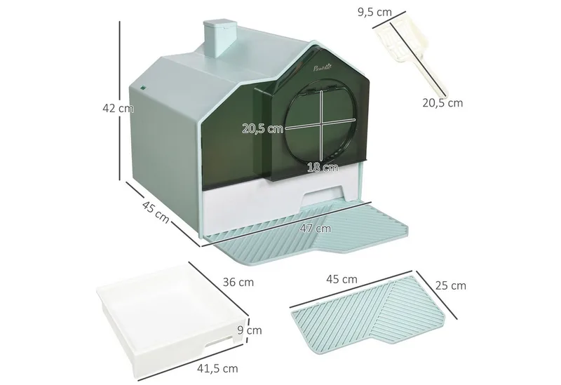 Katzentoilette Katzenklo mit Bodenwanne, Schaufel, Filter, Toilette mit Haube für Katzen bis 8 kg, ABS, Kunststoff, Hellblau 47 x 45 x 42 cm by PawHut – product photo 3 of 5