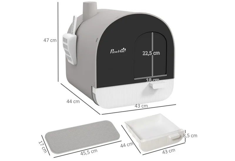 Katzentoilette mit Deckel, Katzenklo inkl. Schaufel und Streu-Matte, Ausziehbares Tablett, Katzenklo für Katzen bis 5 kg, Grau, 43 x 44 x 47 cm de PawHut – photo produit 3 sur 5