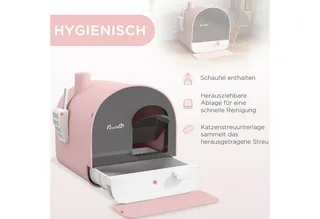 Katzentoilette mit Deckel, Katzenklo inkl. Schaufel und Streu-Matte, Ausziehbares Tablett, Katzenklo für Katzen bis 5 kg, Rosa, 43 x 44 x 47 cm de PawHut – photo produit 4 sur 5