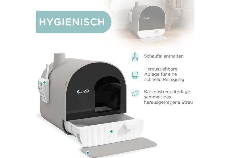 Katzentoilette mit Deckel, Katzenklo inkl. Schaufel und Streu-Matte, Ausziehbares Tablett, Katzenklo für Katzen bis 5 kg, Grau, 43 x 44 x 47 cm de PawHut – photo produit 4 sur 5