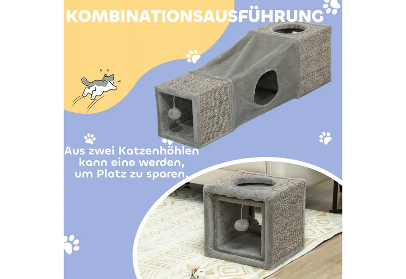 Katzentunnel, Katzenspielzeug mit Spielball, Katzenhöhle, Faltbarer Spieltunnel aus Sisal, Kombiniertes Design, 98 x 30 x 30 cm by PawHut in Braun+Grau – product photo 4 of 5