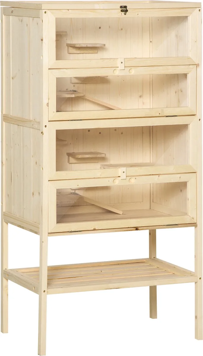 Kleintierkäfig 5 Etagen mit Gitterdach Rampen Kleintierstall Käfig Nagerkäfig Meerschweinchenstall Tannenholz 60 x 40 x 120 cm de PawHut en Naturholz – photo produit