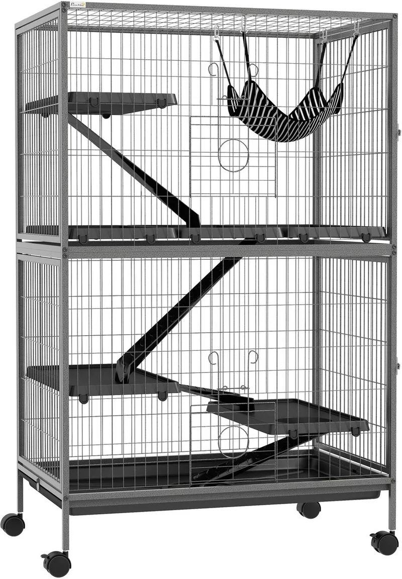 Kleintierkäfig, Frettchenkäfig Nagerkäfig mit ausziehbarem Tablett Käfig mit Hängematte, Rampen, Rollen für Eichhörnchen, Zwerghamster, Chinchilla by PawHut in Grey – product photo