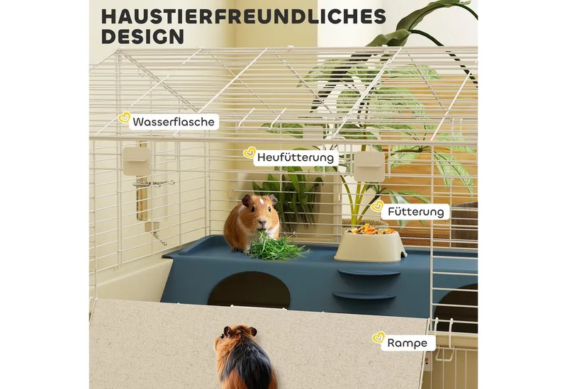 Kleintierkäfig mit Laufstall, Kaninchenkäfig, Kleintierstall mit Wasserflasche, Heufütterung, Futterschale, Rampe Nagerkäfig mit Rollen für Meerschweinchen und Igel Weiß by PawHut in Multicolour – product photo 5 of 5