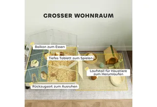 Kleintierkäfig mit Laufstall, Kaninchenkäfig, Kleintierstall mit Wasserflasche, Heufütterung, Futterschale, Rampe Nagerkäfig mit Rollen für Meerschweinchen und Igel Weiß by PawHut in Multicolour – product photo 4 of 5