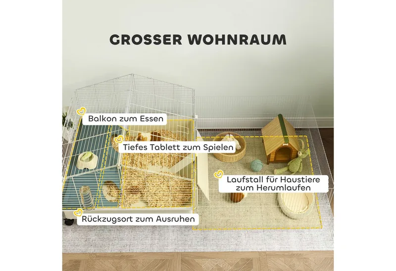 Kleintierkäfig mit Laufstall, Kaninchenkäfig, Kleintierstall mit Wasserflasche, Heufütterung, Futterschale, Rampe Nagerkäfig mit Rollen für Meerschweinchen und Igel Weiß by PawHut in Multicolour – product photo 4 of 5
