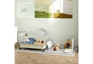 Kleintierkäfig mit Laufstall, Kaninchenkäfig, Kleintierstall mit Wasserflasche, Heufütterung, Futterschale, Rampe Nagerkäfig mit Rollen für Meerschweinchen und Igel Weiß by PawHut in Multicolour – product photo 3 of 5