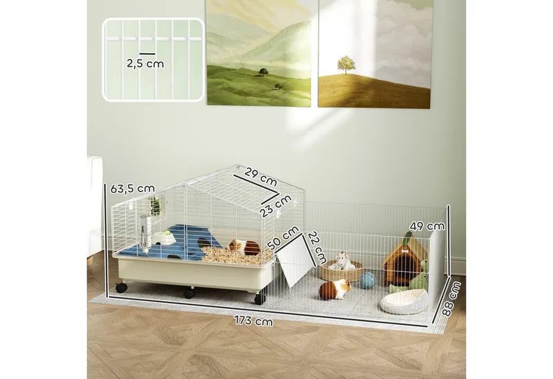 Kleintierkäfig mit Laufstall, Kaninchenkäfig, Kleintierstall mit Wasserflasche, Heufütterung, Futterschale, Rampe Nagerkäfig mit Rollen für Meerschweinchen und Igel Weiß by PawHut in Multicolour – product photo 3 of 5