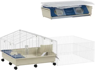 Kleintierkäfig mit Laufstall, Kaninchenkäfig, Kleintierstall mit Wasserflasche, Heufütterung, Futterschale, Rampe Nagerkäfig mit Rollen für Meerschweinchen und Igel Weiß by PawHut in Multicolour – product photo 1 of 5