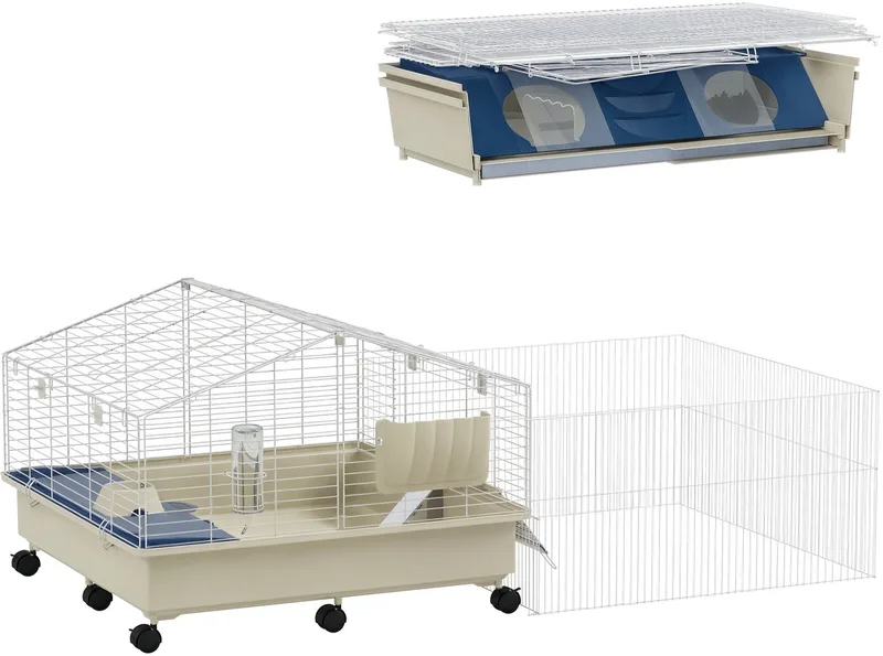Kleintierkäfig mit Laufstall, Kaninchenkäfig, Kleintierstall mit Wasserflasche, Heufütterung, Futterschale, Rampe Nagerkäfig mit Rollen für Meerschweinchen und Igel Weiß by PawHut in Multicolour – product photo 1 of 5