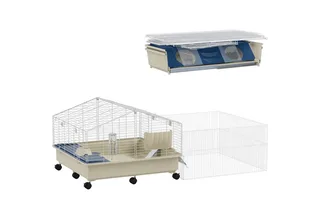 Kleintierkäfig mit Laufstall, Kaninchenkäfig, Kleintierstall mit Wasserflasche, Heufütterung, Futterschale, Rampe Nagerkäfig mit Rollen für Meerschweinchen und Igel Weiß by PawHut in Multicolour – product photo 2 of 5