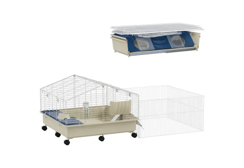 Kleintierkäfig mit Laufstall, Kaninchenkäfig, Kleintierstall mit Wasserflasche, Heufütterung, Futterschale, Rampe Nagerkäfig mit Rollen für Meerschweinchen und Igel Weiß by PawHut in Multicolour – product photo 2 of 5
