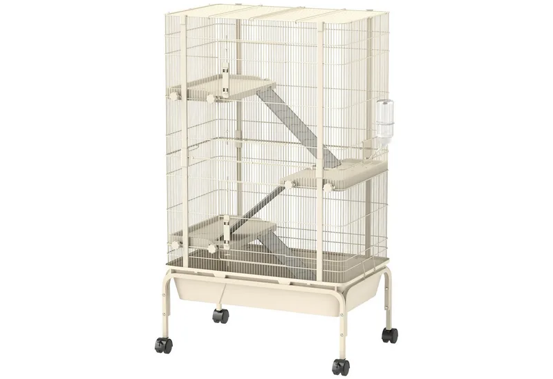 Kleintierkäfig, Nagerkäfig Frettchenkäfig mit 3 Rampen Mäusekäfig mit ausziehbarem Tablett, Futterschale, Wasserflasche, Käfig mit Zubehör für Chinchilla, Eichhörnchen, Zwerghamster de PawHut en Beige – photo produit 2 sur 5