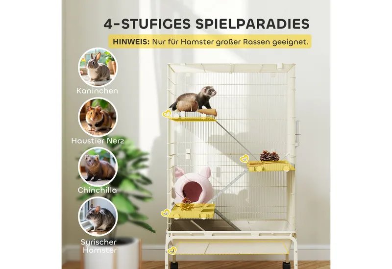 Kleintierkäfig, Nagerkäfig Frettchenkäfig mit 3 Rampen Mäusekäfig mit ausziehbarem Tablett, Futterschale, Wasserflasche, Käfig mit Zubehör für Chinchilla, Eichhörnchen, Zwerghamster de PawHut en Beige – photo produit 4 sur 5