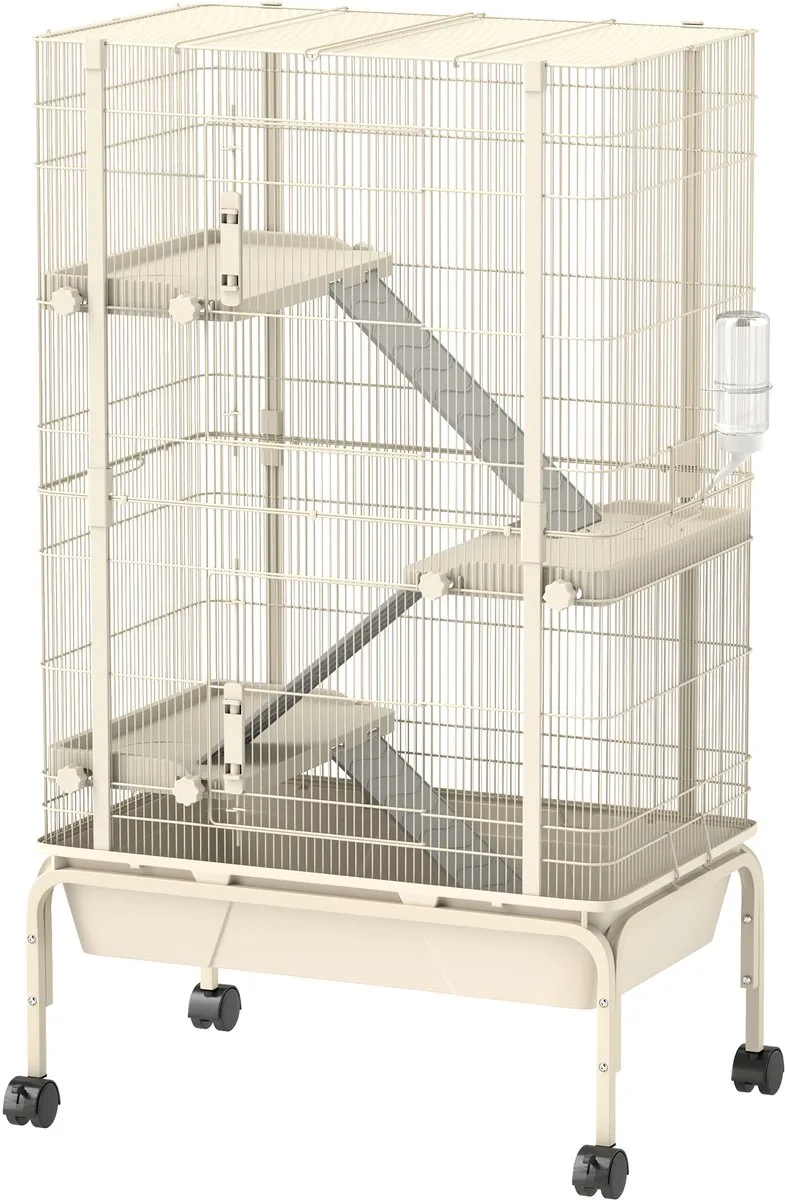 Kleintierkäfig, Nagerkäfig Frettchenkäfig mit 3 Rampen Mäusekäfig mit ausziehbarem Tablett, Futterschale, Wasserflasche, Käfig mit Zubehör für Chinchilla, Eichhörnchen, Zwerghamster de PawHut en Beige – photo produit 1 sur 5