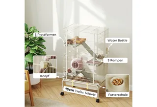 Kleintierkäfig, Nagerkäfig Frettchenkäfig mit 3 Rampen Mäusekäfig mit ausziehbarem Tablett, Futterschale, Wasserflasche, Käfig mit Zubehör für Chinchilla, Eichhörnchen, Zwerghamster de PawHut en Beige – photo produit 5 sur 5