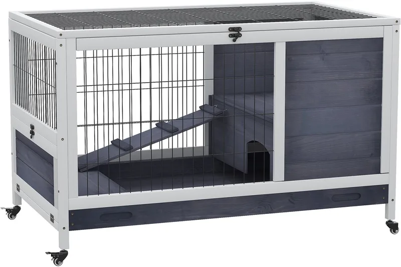 Kleintierstall mit Rädern, Kleintierhaus Kleintierkäfig aus Tannenholz, Meerschweinchenkäfig Meerschweinchenstall, 90 x 53 x 59 cm by PawHut in Dunkelgrau+Weiß – product photo