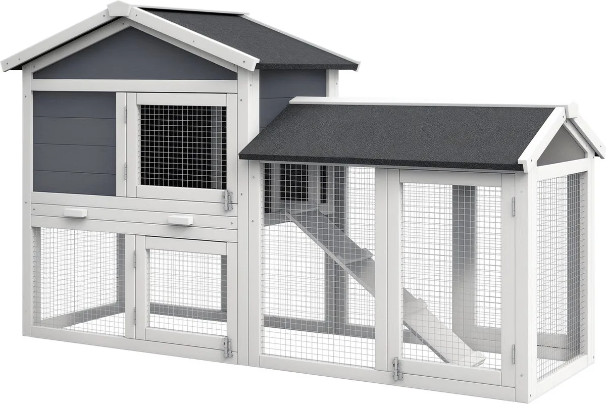 Konijnenhok Dennehout 147L x 54B x 84H cm von PawHut in Grau – Produktfoto