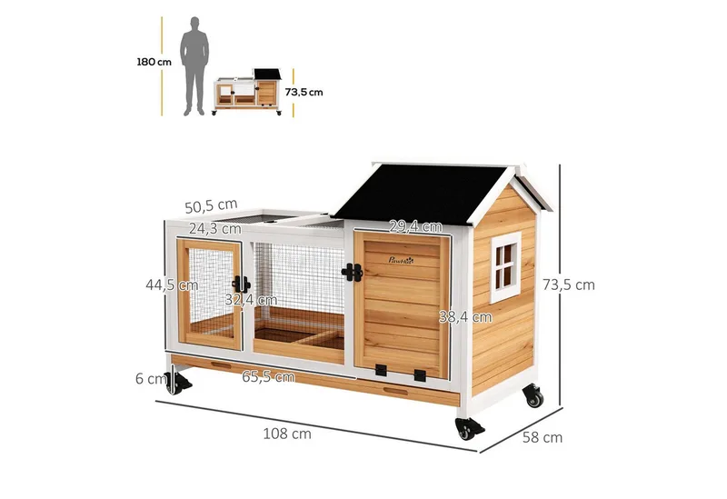 Konijnenhok Dennenhout, Staal 108L x 58B x 73,5H cm de PawHut en Jaune – photo produit 3 sur 5