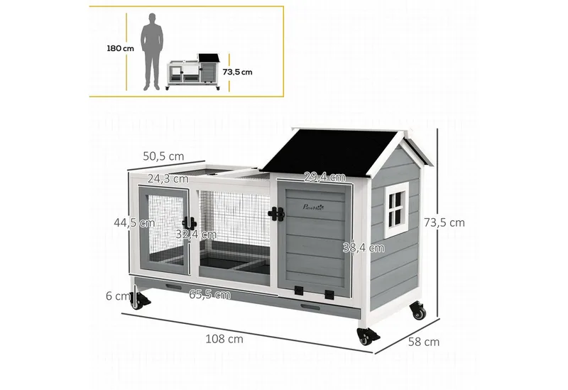 Konijnenhok Dennenhout, Staal 108L x 58B x 73,5H cm von PawHut in Grau – Produktfoto 3 von 5