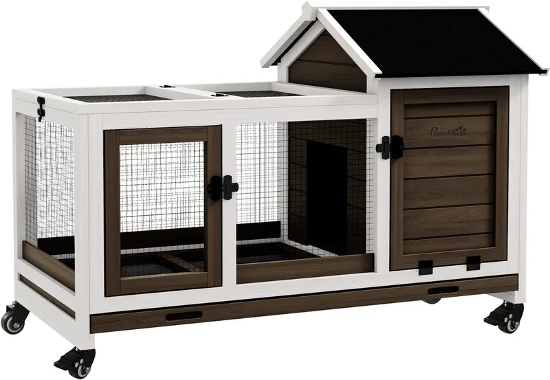 Konijnenhok Dennenhout, Staal 108L x 58B x 73,5H cm de PawHut en Koffiebruin – photo produit 1 sur 5
