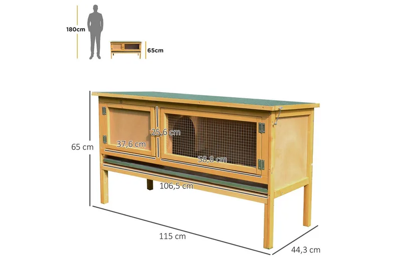 Konijnenhok-Grenenhout-115L x 44,3B x 65H cm-Geel von PawHut in Lichtgeel – Produktfoto 3 von 5