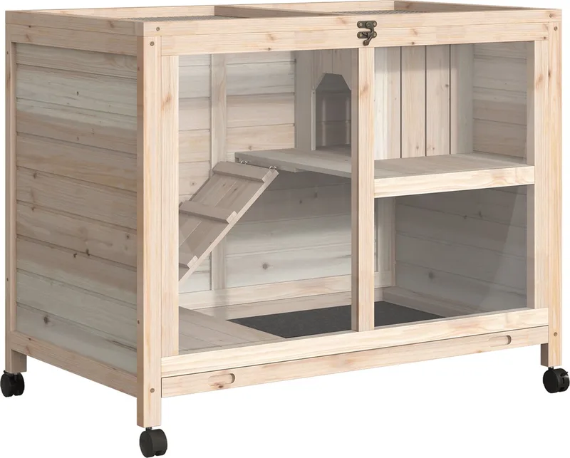Konijnenhok konijnenhok met twee verdiepingen op wielen massief hout naturel D51-124 de PawHut en Natuurlijk – photo produit 1 sur 5