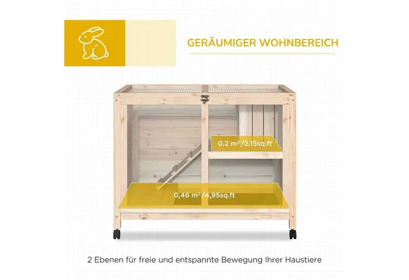 Konijnenhok konijnenhok met twee verdiepingen op wielen massief hout naturel D51-124 de PawHut en Natuurlijk – photo produit 4 sur 5