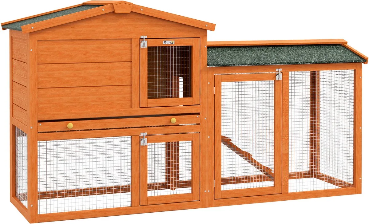 Konijnenhok met Uitloopren 150 cm - Konijnenkooi, Buitenverblijf, Hokkonijn van PawHut in Oranje – productfoto