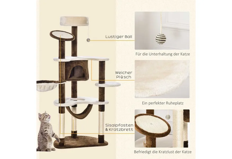 Krabpaal kattenboom krabpaal voor katten kat klimboom sisal pilaren D2-0027 de PawHut en Roomwit, Koffiebruin – photo produit 5 sur 5