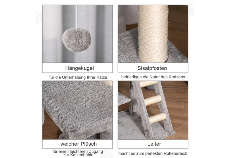 Kratzbaum mit Katzenhöhle Leiter Mehrstufiger Katzenbaum E1 MDF Sisal Hellgrau, 50L x 40B x 120H cm von PawHut in Hellgrau, Beige – Produktfoto 5 von 5